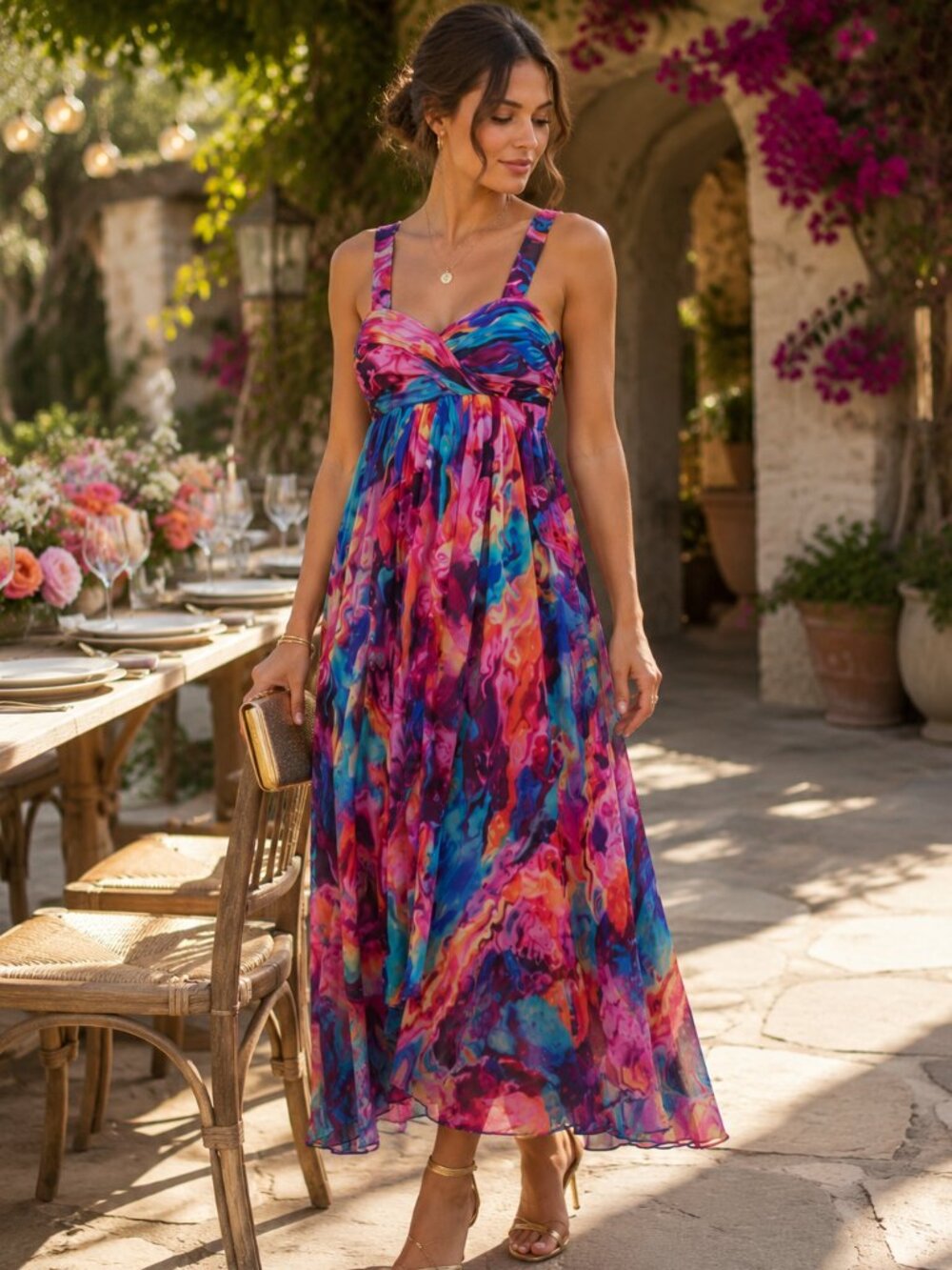 Vtg y2k Laundry Shelli Segal marbled silk flowy fairycore sleeveless maxi dress